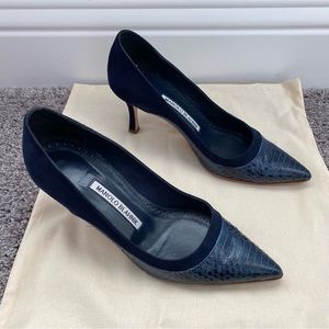 Womens Manolo Blahnik Monda Navy Snake Skin/Suede 2.75" Pump Size 6